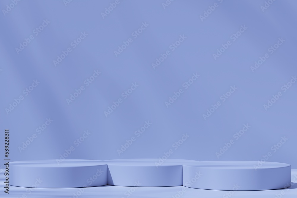 Three round podiums on a blue background with shadows, 3d render Three round podiums on a blue background with shadows, 3d render