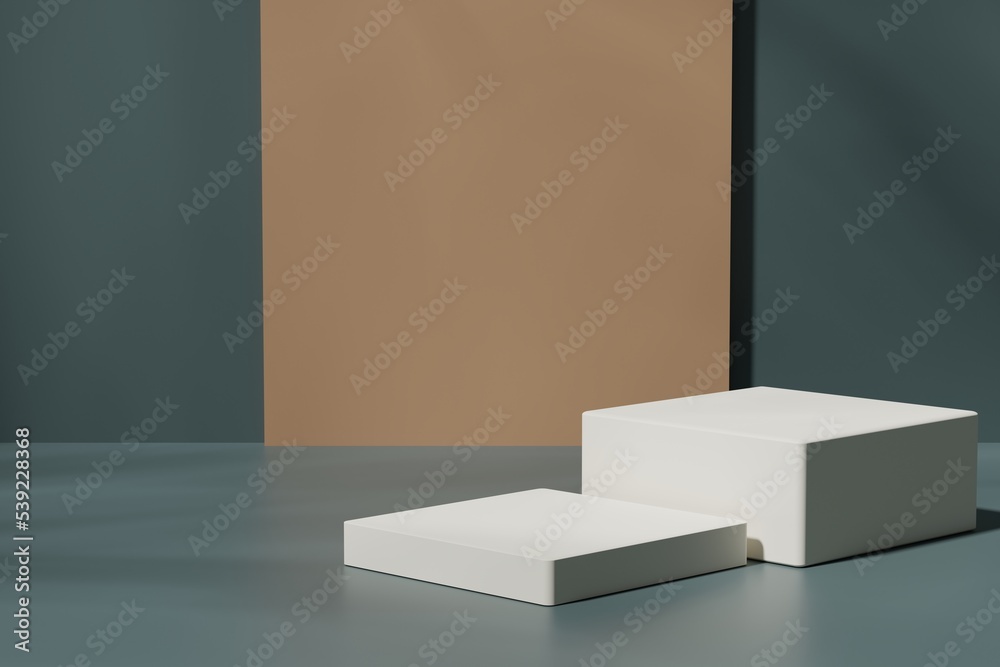 Two white square podiums on a green background, 3d render Two white square podiums on a green background, 3d render