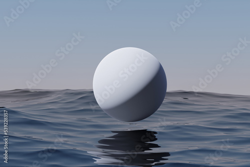 Blue flying sphere over sea water against the sky, 3d render