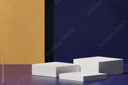 Three white podiums on a blue background, 3d render © progressman