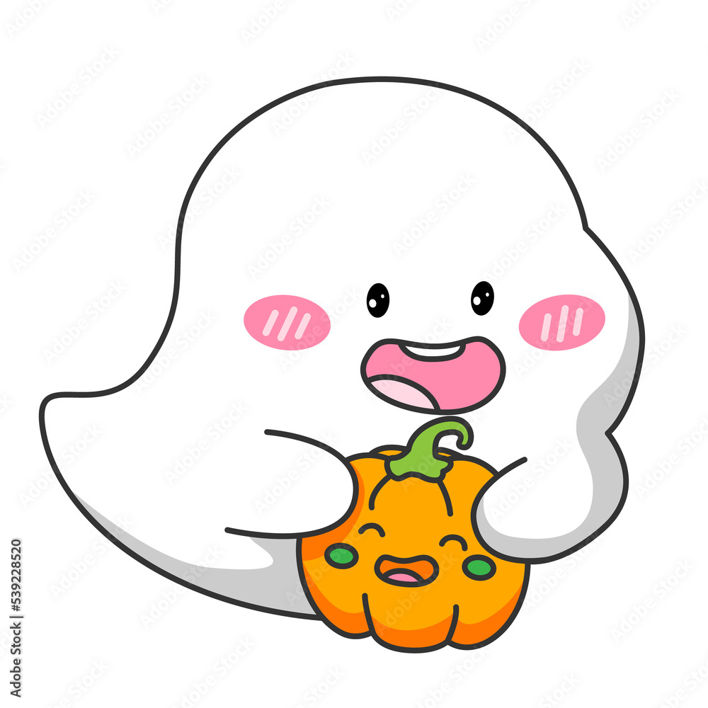 Little ghost holding a cute smiling pumpkin. Cartoon art and illustration. Little ghost holding a cute smiling pumpkin. Cartoon art and illustration.