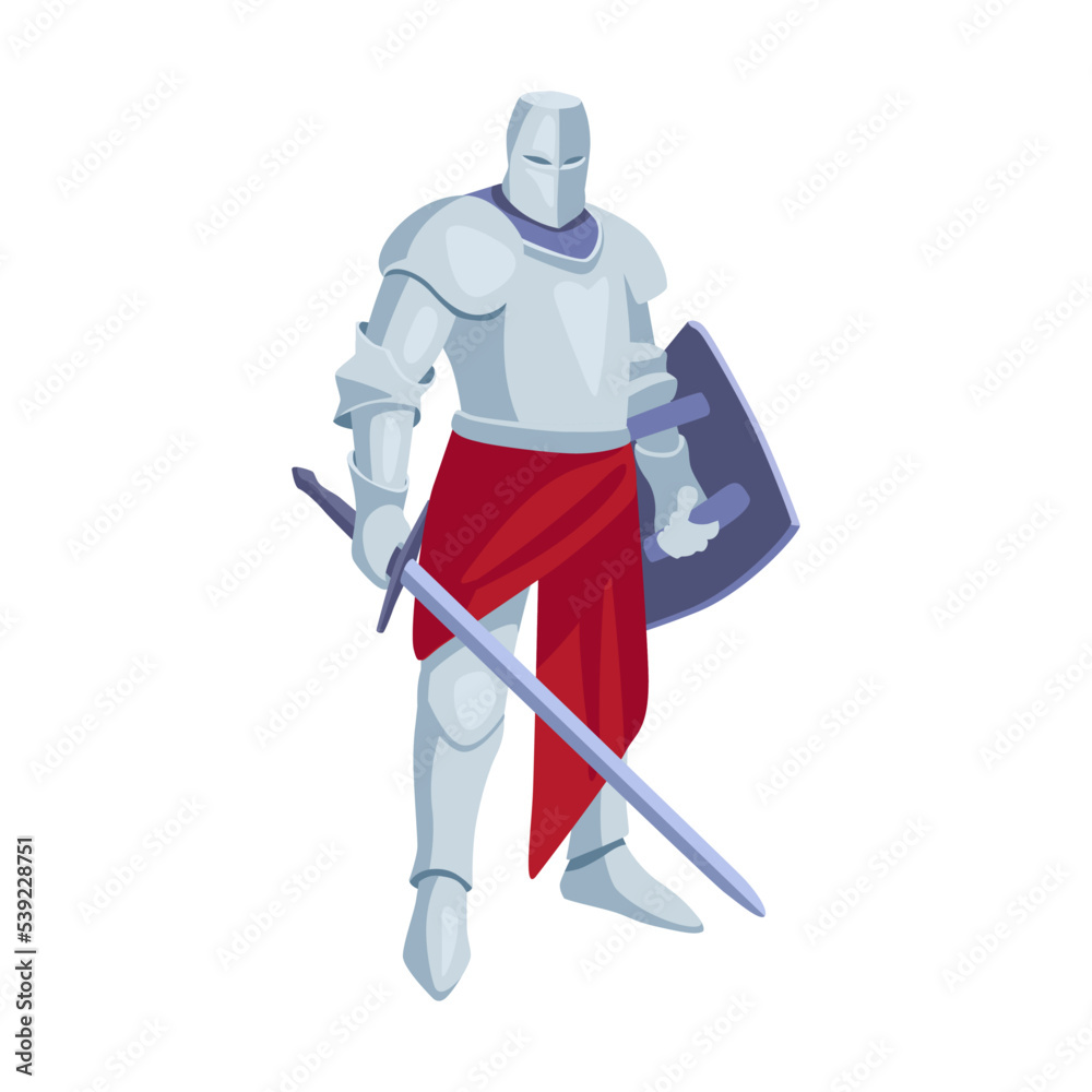 Fototapeta premium Armored knight with weapon. Vector illustration. Warrior or soldier with horse, sword and shield. History, knight battle, war, fight concept