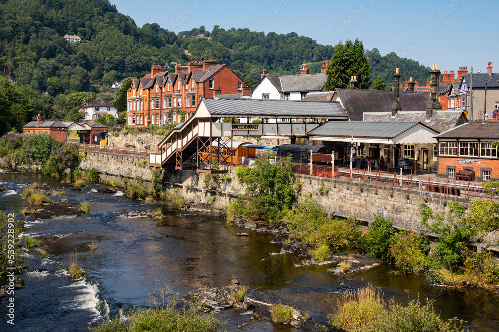 Llangollen railway station and the River Dee in Denbighshire, Wales.