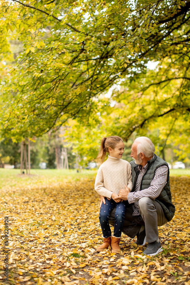 Grandfather spending time with his granddaughter in park on autumn day Grandfather spending time with his granddaughter in park on autumn day
