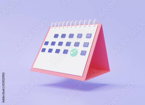 3D calendar icon symbol with minimal cartoon style design. Day month year time concept. on purple pastel background. mark Appointment agenda, event, website banner. 3d render illustration