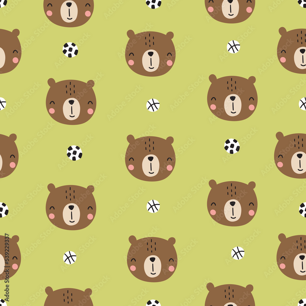 Seamless pattern with cute bear and balls. Vector illustration for your design