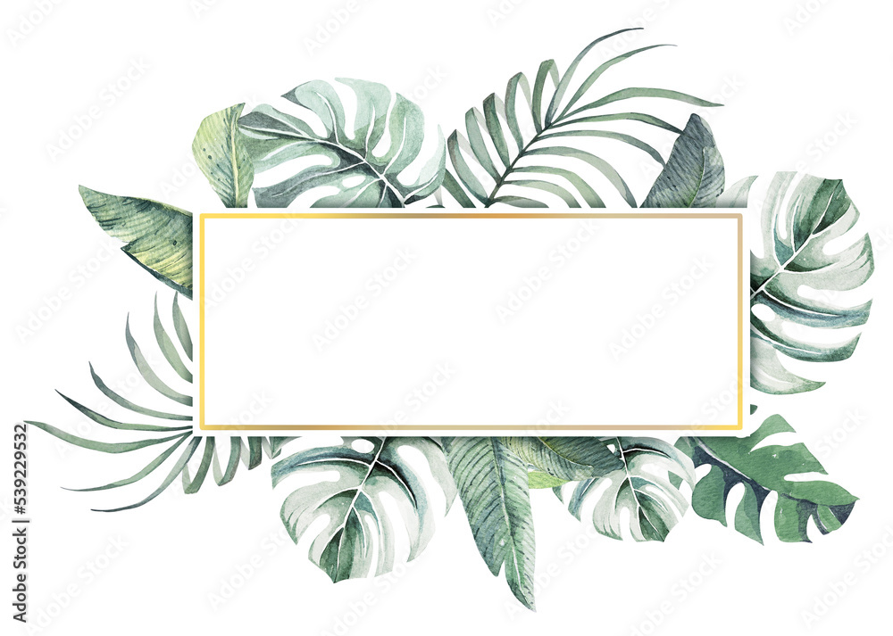 Tropical leaves background.Frame Bird of Paradise with watercolor.Branches and leaves of tropical plants with space for text.Botanical background and wallpaper.