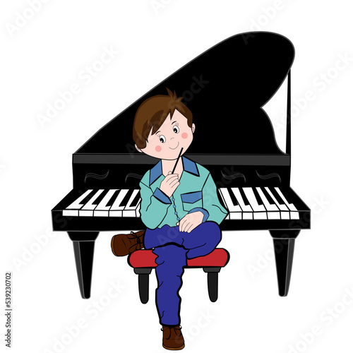Niño sentado con piano de cola.
