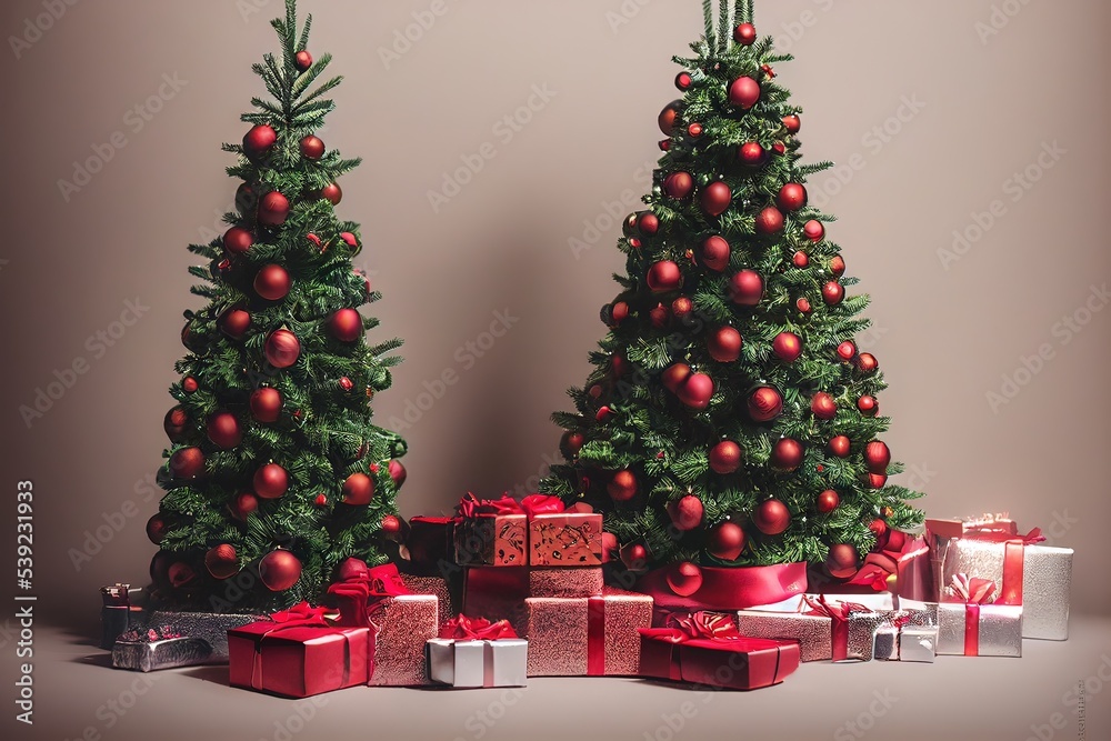 3D rendered computer generated image of a classic holiday Christmas tree with a modern twist. Isolated in studio setting with plain background and studio lighting for a unique 2022 seasonal background