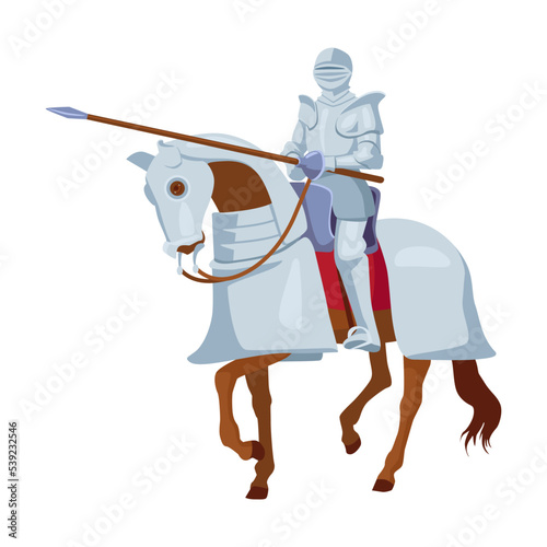 Armored knight with weapon on a horse. Cartoon vector illustration. Medieval brutal warrior or soldier with horse, sword and shield. History, knight battle, war, fight concept
