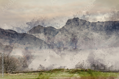 Digital watercolour painting of Epic Autumn landscape image of River Brathay in Lake District with fog across river and vibrant woodlands photo