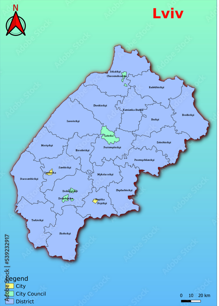 Obraz premium Vector map of the Ukraine administrative divisions of Lviv Region with City, City Council, District, Raion
