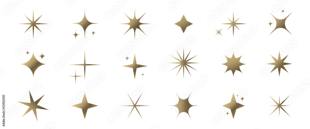 Set of golden stars. Glitter shapes. Vector.