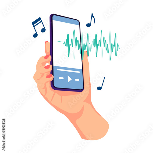 Hands holding, touching mobile phones displays, using apps online. Music player, business telephone internet apps. Flat vector illustration. Digital communication