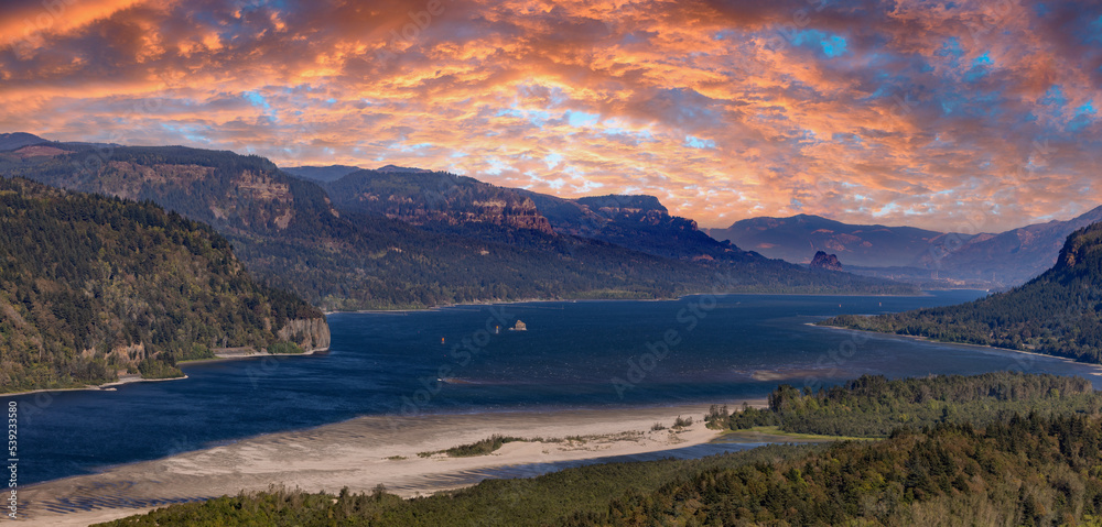 sunset mountain river panorama