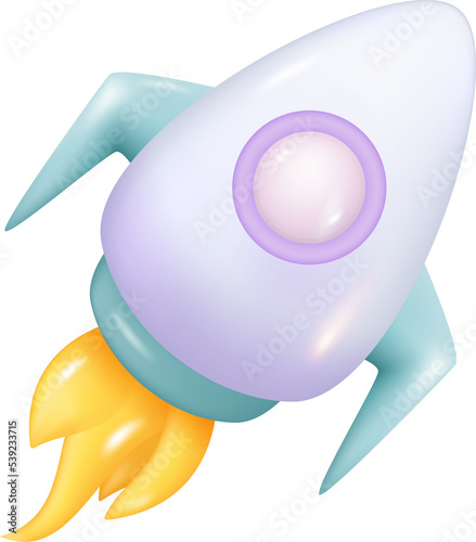 3D Space Rocket Ship Launch Isolated on Transparent Background. White Spaceship with Flame from Turbines. Startup Business Concept Illustration