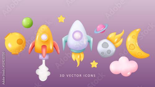Space 3D Icon Set - Rocket, Planets, Moon, Meteorite