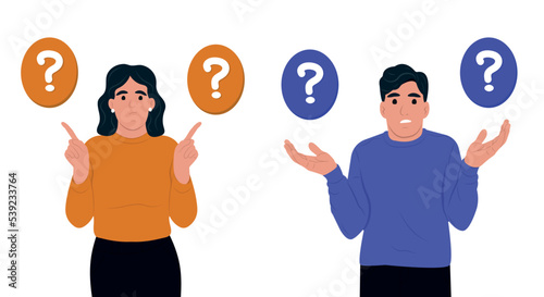Make choice, decision concept. Man and woman gesturing with hands, fingers. Flat vector illustration