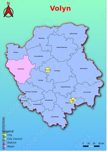 Vector map of the Ukraine administrative divisions of Volyn Region with City  City Council  District  Raion