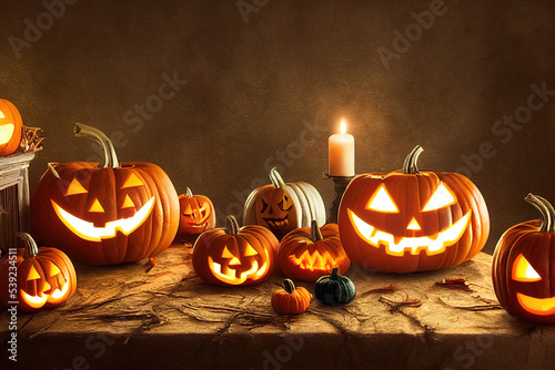 Spooky Halloween Still Life: Glowing Jack-o'-lanterns, Vintage Candle, Ornate Bowl with Mini Pumpkins. Ideal for Festive Decor, Party Invitations & Dark Themes , , generative ai 