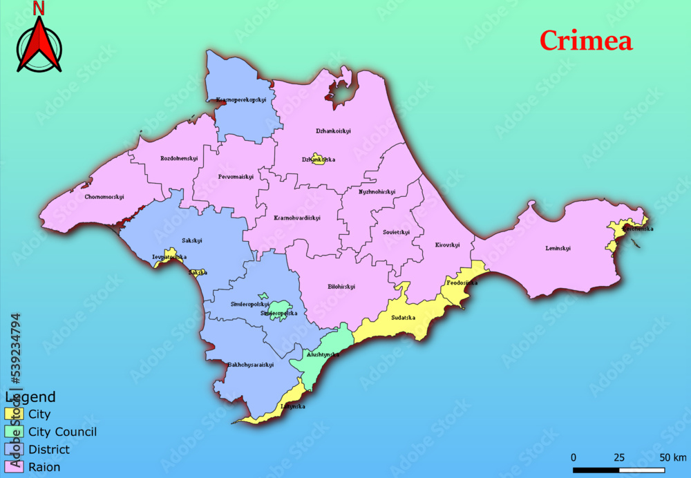 Fototapeta premium Vector map of the Ukraine administrative divisions of Crimea Region with City, City Council, District, Raion