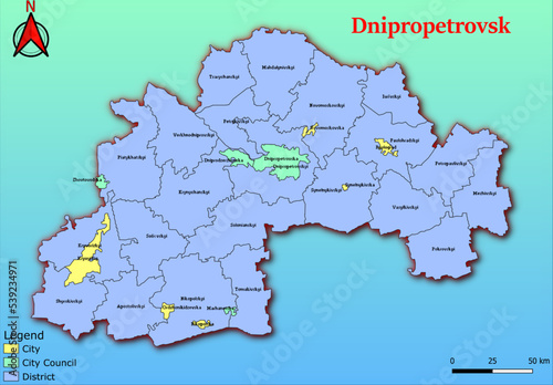 Vector map of the Ukraine administrative divisions of Dnipropetrovsk Region with City, City Council, District, Raion