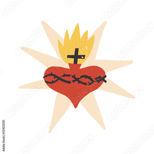 Vector Sacred heart. Flaming Heart with holy fire, encircled by the crown of thorns, surmounted by a cross