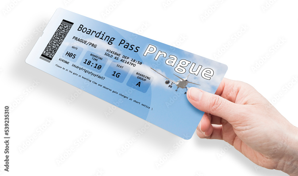 Hand of a woman holding a airplane ticket to Prague- image isolated on white. Hand of a woman holding a airplane ticket to Prague- image isolated on white.