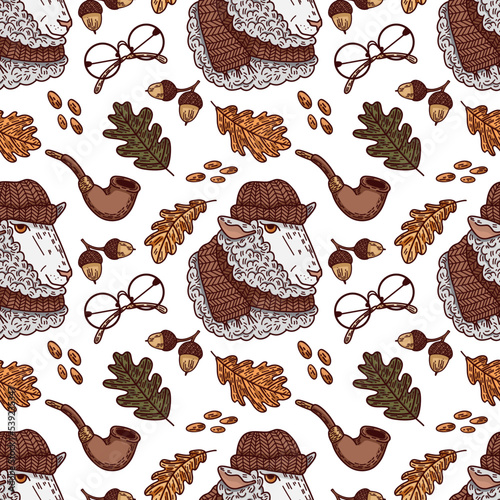 Seamless vector pattern with a sheep in a scarf and a hat, a smoking pipe, glasses, acorns, oak leaves and nuts. Digital illustration on the theme of warm and cozy autumn for wrapping paper, fabrics.