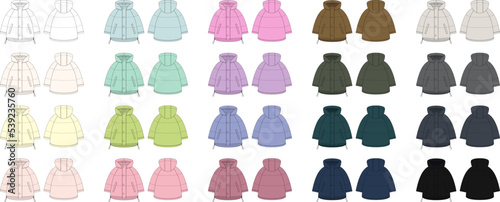 Set of oversized raglan puffer winter down coat technical sketch. Women's quilting jacket design template collection.