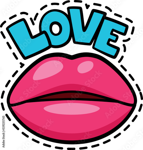 Love sticker. Sexy female lips comic patch