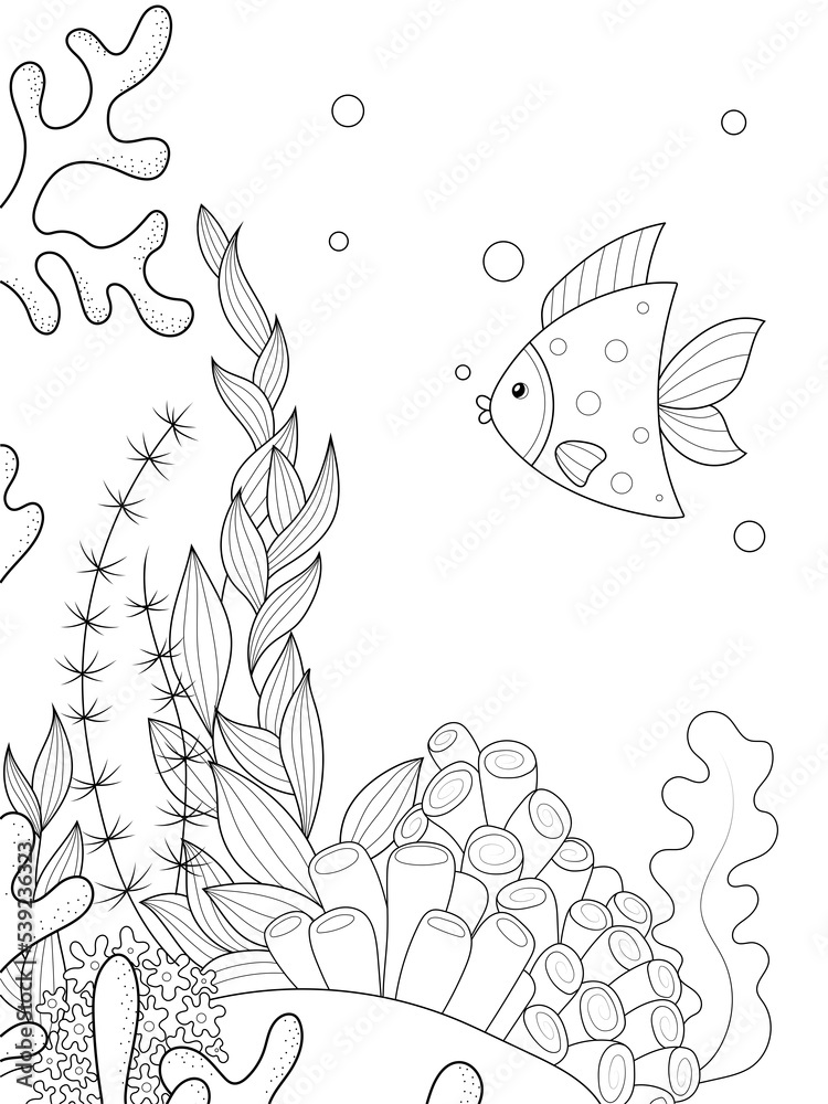 Fototapeta premium Seabed with algae and fish. Antistress coloring book, white background and black lines. Raster
