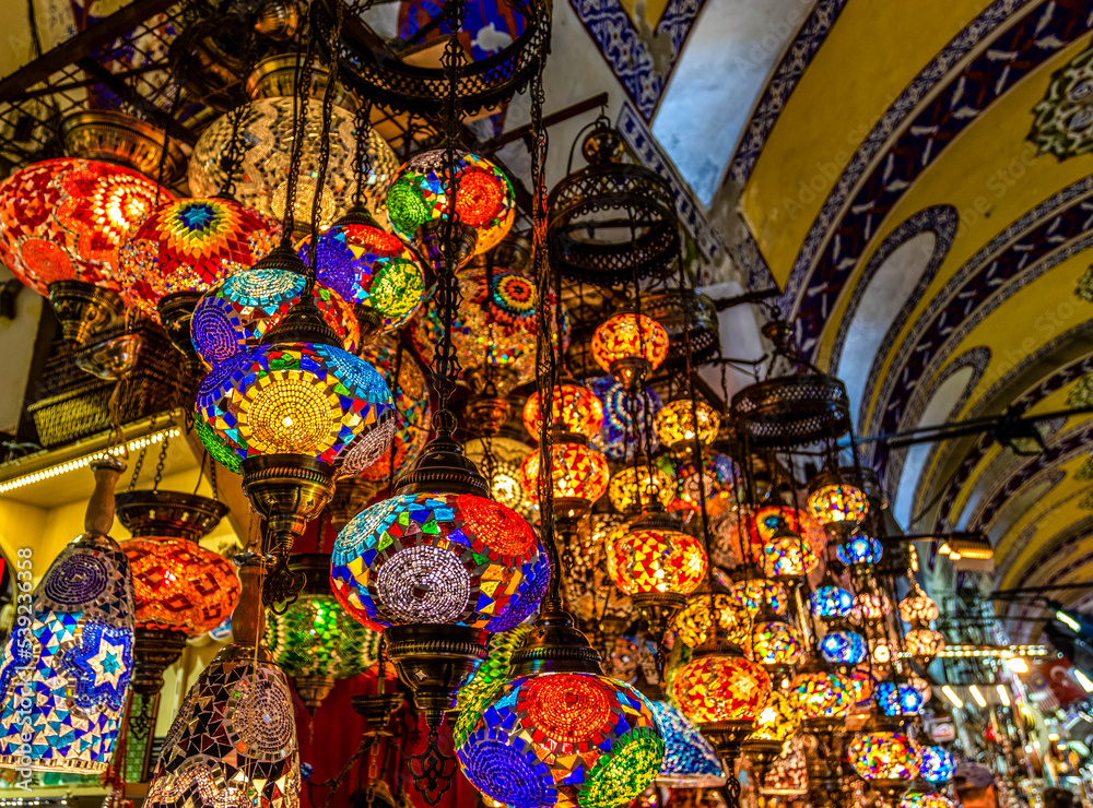 Fototapeta premium Colorful Turkish lamps for sale at the Grand Bazaar in Istanbul, Turkey, Europe