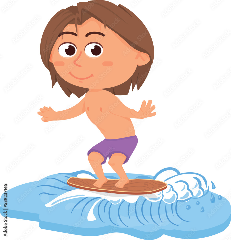Kid stand on surfboard. Happy cartoon child in summer Kid stand on surfboard. Happy cartoon child in summer