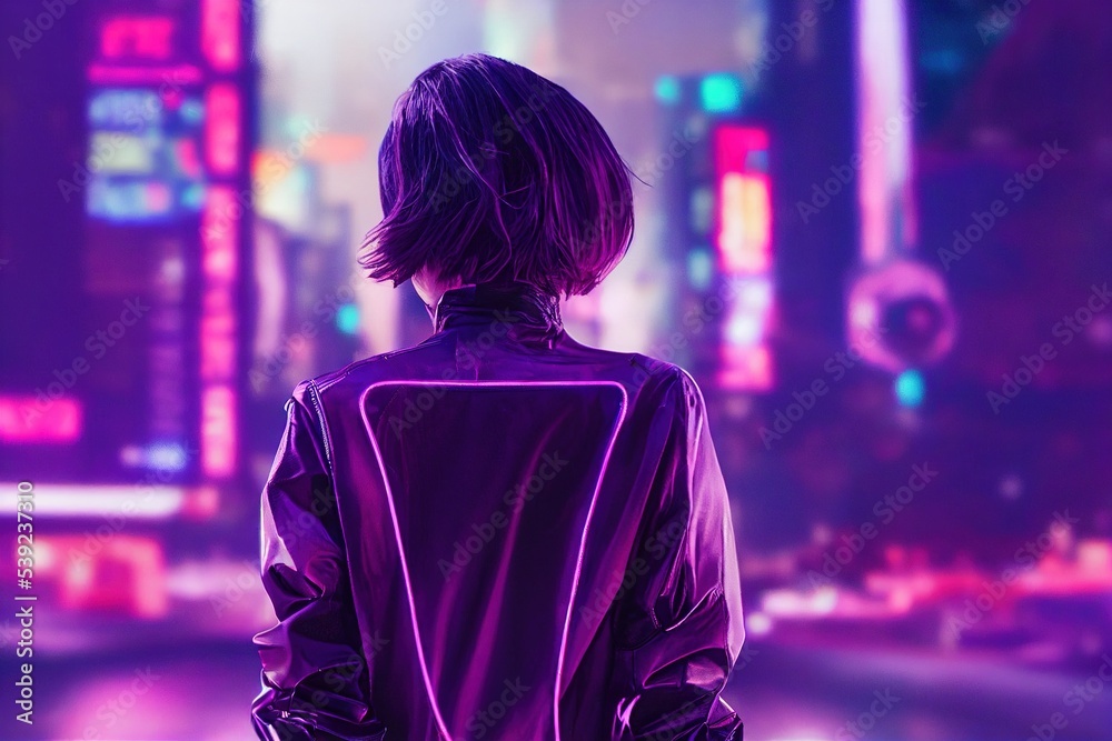 A Woman with short hair in an asian tokyo style cyberpunk city at night with neon lights