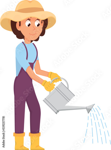Gardener with watering can. Cartoon female farmer character
