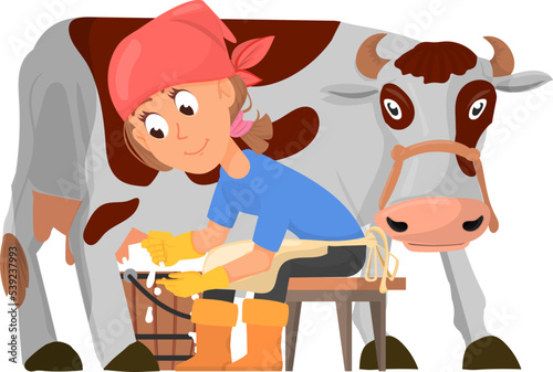Woman milking cow. Cartoon farm worker character