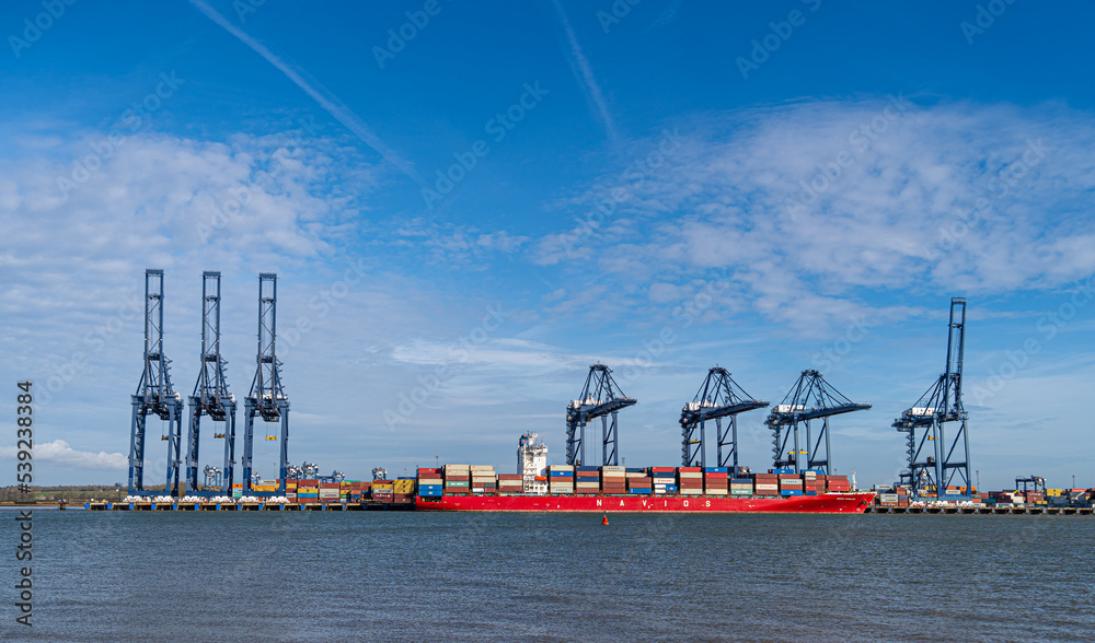 Large steel gantry container cranes in commercial shipping port