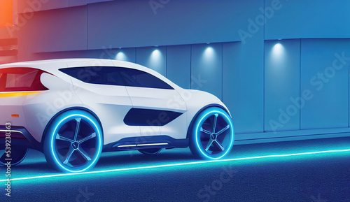 concept generic electric sport car design in white glossy paint and neon as electric futuristic style vehicle being charged with cable  mixed digital 3d illustration and matte painting