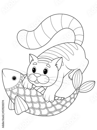 Cat caught a fish, isolated picture. Black line, white background. Vector coloring book.