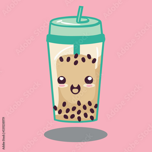 Kawaii bubble tea vector illustration. Cute delicious beverage. Fresh sweet drink with bubbles and tea. Summer ice with peals. Milkshake. Cartoon doodle of happy asian drink. Popular icon vector logo