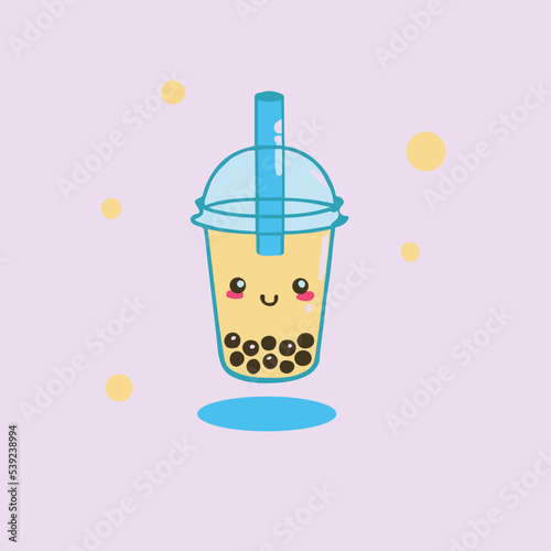 Kawaii bubble tea vector illustration. Cute delicious beverage. Fresh sweet drink with bubbles and tea. Summer ice with peals. Milkshake. Cartoon doodle of happy asian drink. Popular icon vector logo