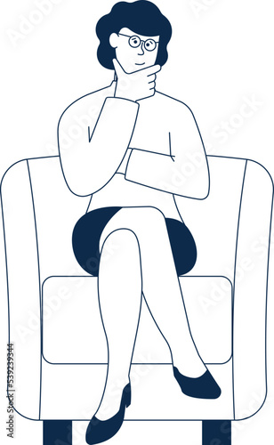 Young woman in glasses sit on armchair and thinking