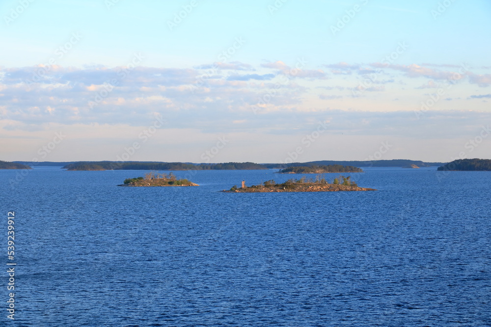 Beautiful early morning scenery with an open view of the natural environment and natural archipelago in front of turku in finland