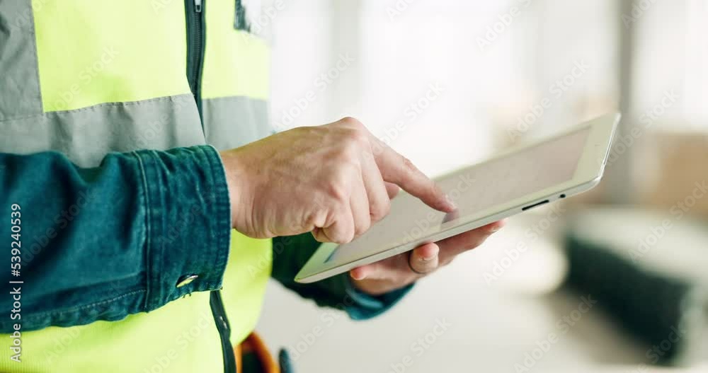 Building, digital tablet and construction worker hands planning and schedule at a site, checking online plan and strategy. Vision, design and engineer man working on project details for innovation