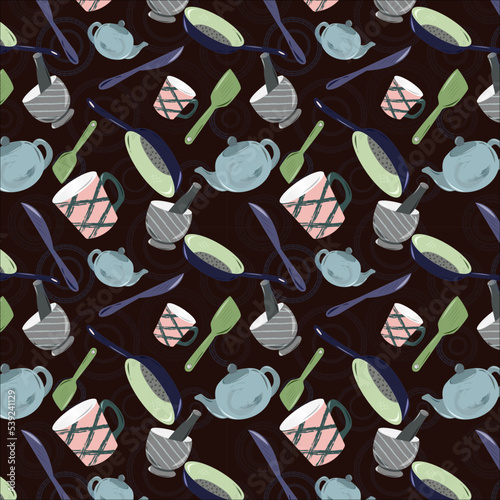 Seamless pattern of kitchen utensils, Spanish pink cup, pewter blue tea kettle, space cadet pan, battleship gray mortar pestle, asparagus spatula,purple navy knife on xiketic background.textile design