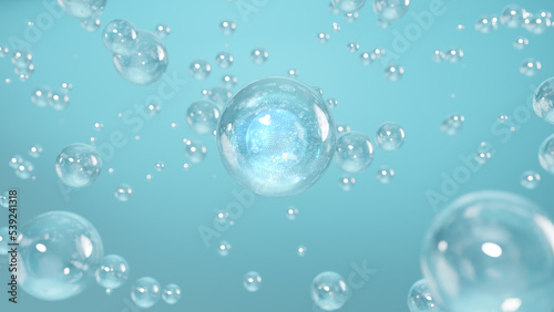3D rendering Cosmetics Serum bubbles on defocus background. Miracle bubble design for cosmetics. Transparent balls  holographic liquid blobs floating in space  and artistic bubbles.