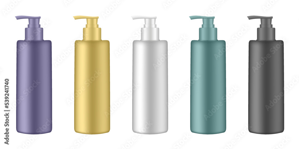 Set of cosmetic bottles with pump. Dispenser. White, yellow, purple, black and green containers. Liquid soap or shampoo Set of cosmetic bottles with pump. Dispenser. White, yellow, purple, black and green containers. Liquid soap or shampoo