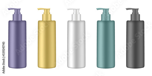 Set of cosmetic bottles with pump. Dispenser. White, yellow, purple, black and green containers. Liquid soap or shampoo