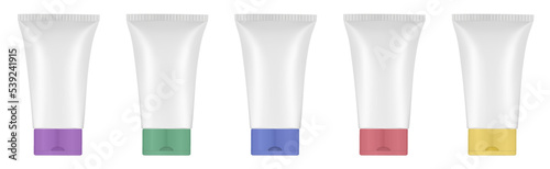 Set of tubes with multicolored caps. 3d mockup. Rainbow palette. Purple, blue, green, yellow and red colors. Hand cream, mask or lotion. Professional shampoo. Plastic bottle.
